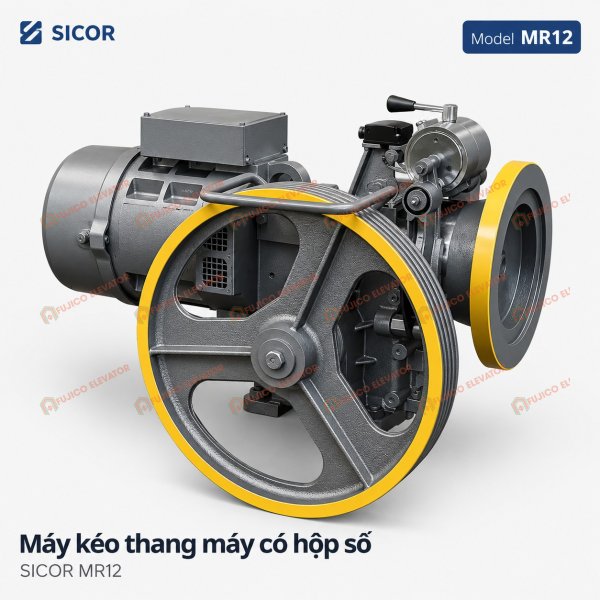 Máy kéo thang máy có hộp số SICOR - Model: MR12 (Tải trọng 630kg - 1000kg)